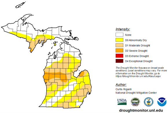 Fig 1 Drought Monitor for Michigan 2025 depicts areas of drought as explained in story text